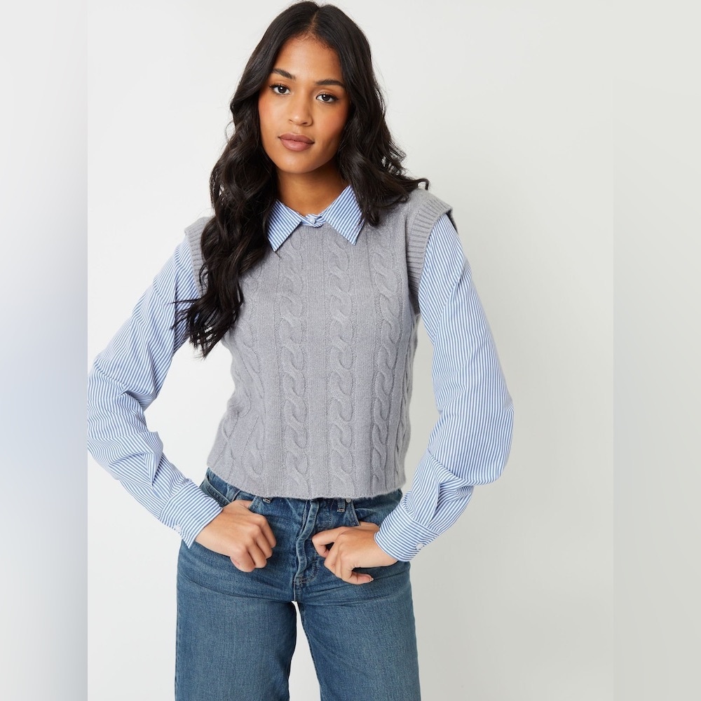 Threadbare Grey 2-in-1 Cable Knit Vest And Pinstripe Shirt